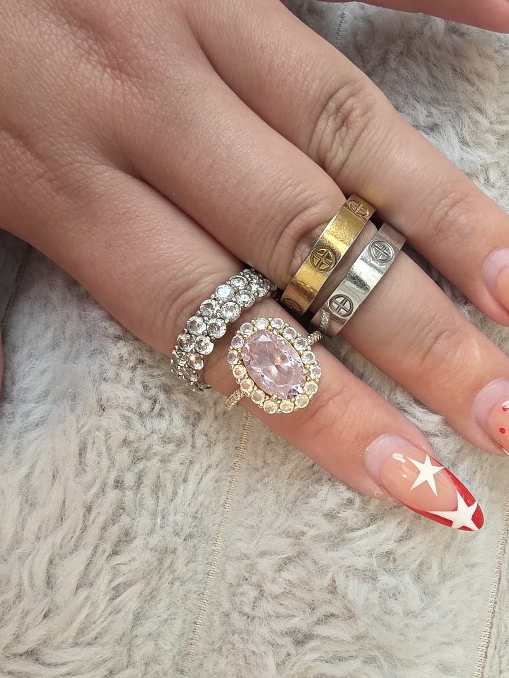 Oval Pink Gem Halo Ring with Gold and Silver Accent Bands